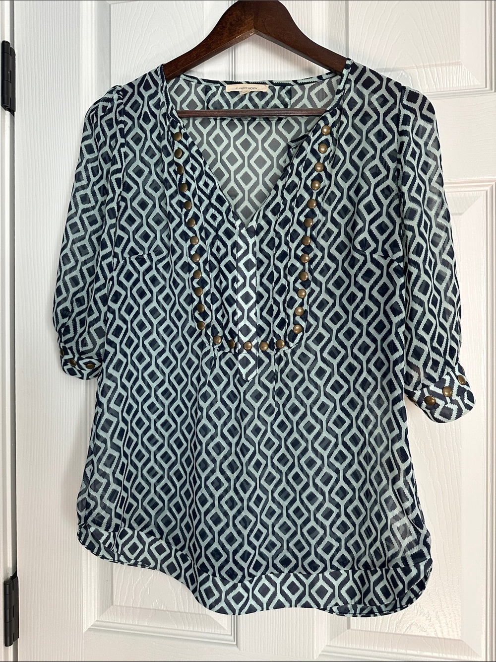 41 Hawthorn Navy & White Geometric V-Neck Tunic with Stud Detail - Picture 1 of 3